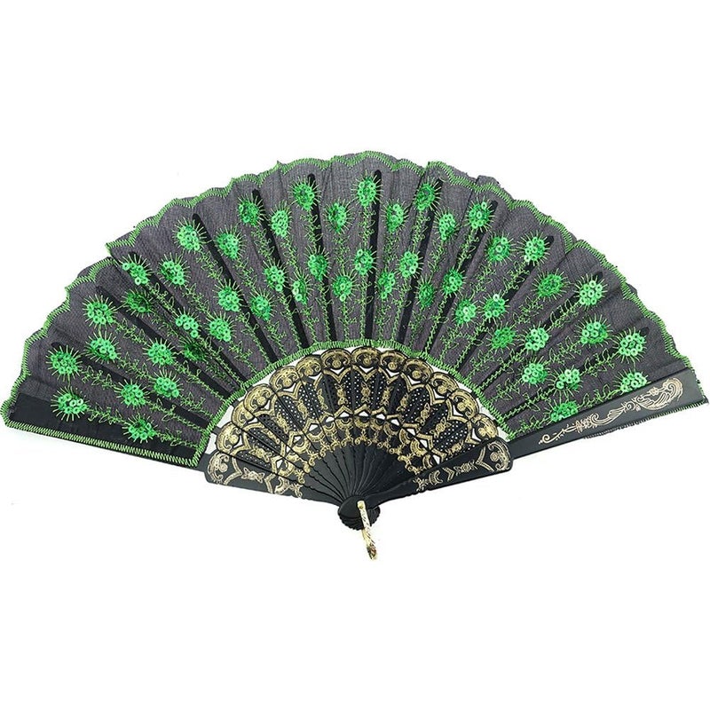 INNOLIFE Elegant Colorful Embroidered Flower Peacock Pattern Sequin Fabric Folding Handheld Hand Fan Hand-crafted (Full Set - 20pcs Mixed Colors) and 16 carrying pouches - Image 4